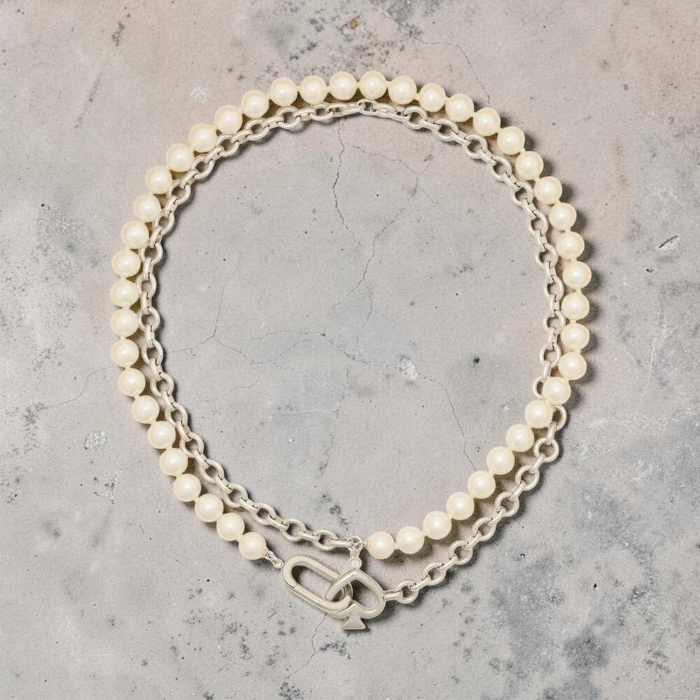 Kate Spade Statement Spade Pearl Wrap Necklace Cream Silver KM163 NWT
